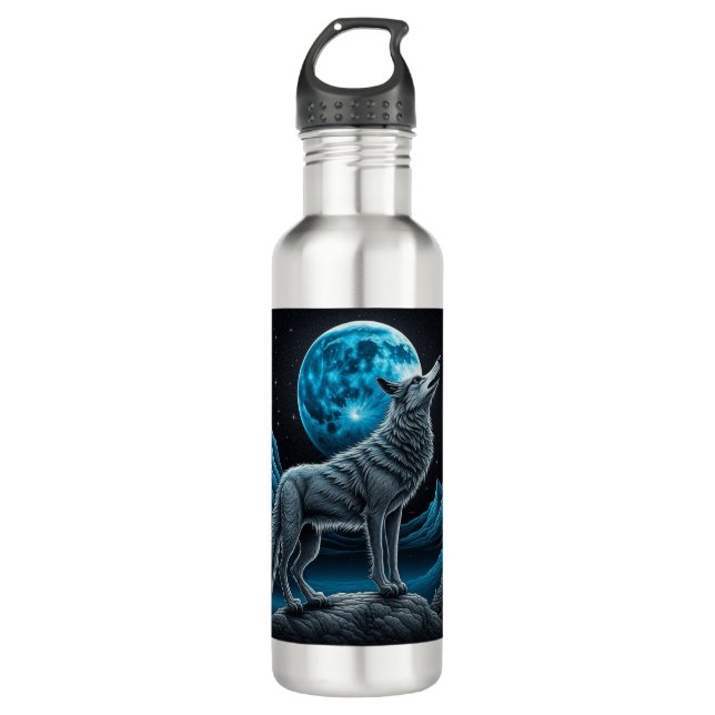 Bouteille D'eau Loup solitaire et Pleine lune noir et bleu (Devant)