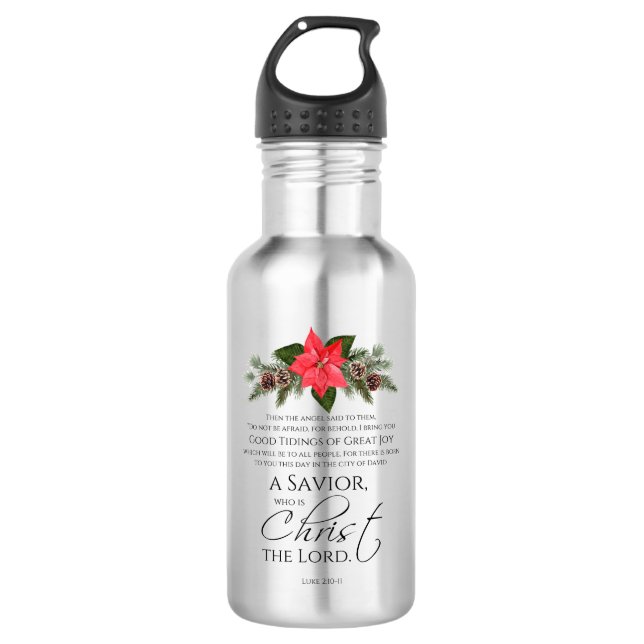 Bouteille D'eau Luc 2:10-11 Écriture de Noël Poinsettia (Devant)