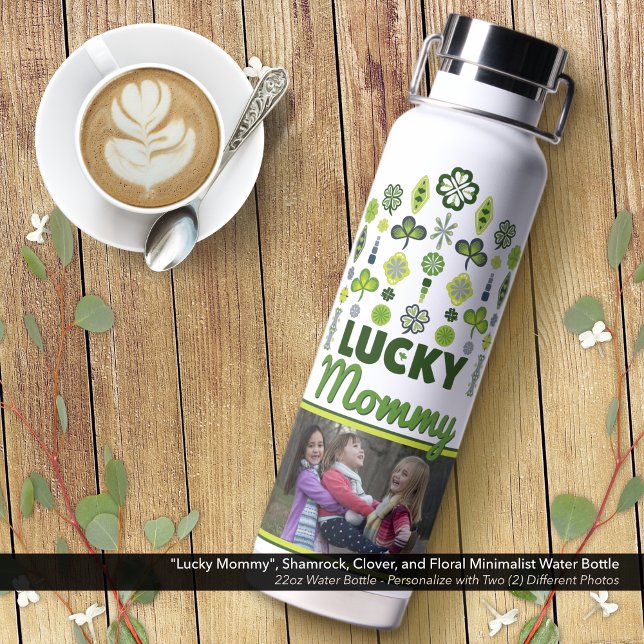 Bouteille D'eau "Lucky Mommy" Shamrock Clover Floral Photo ("Lucky Mommy" Shamrock, Clover, and Floral Water Bottle: Personalize with Two (2) Photos.)
