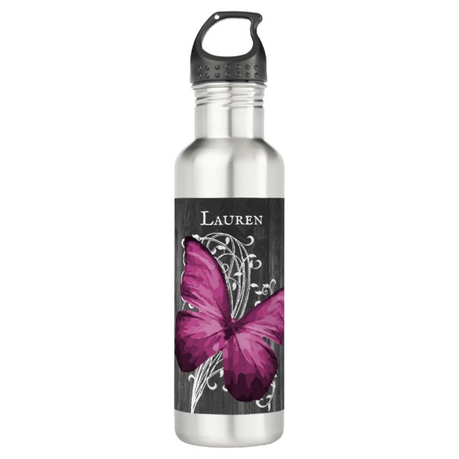 Bouteille D'eau Magenta Rustic Butterfly Personnalisé (Devant)
