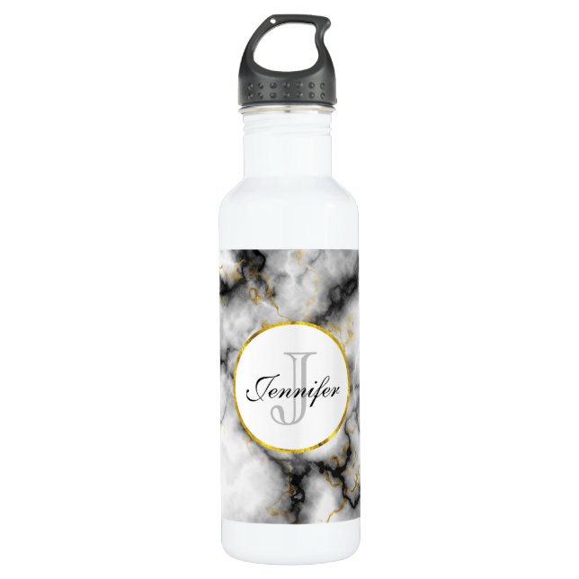 Bouteille D'eau Marbre blanc moderne avec Monogramme de ruban or (Devant)