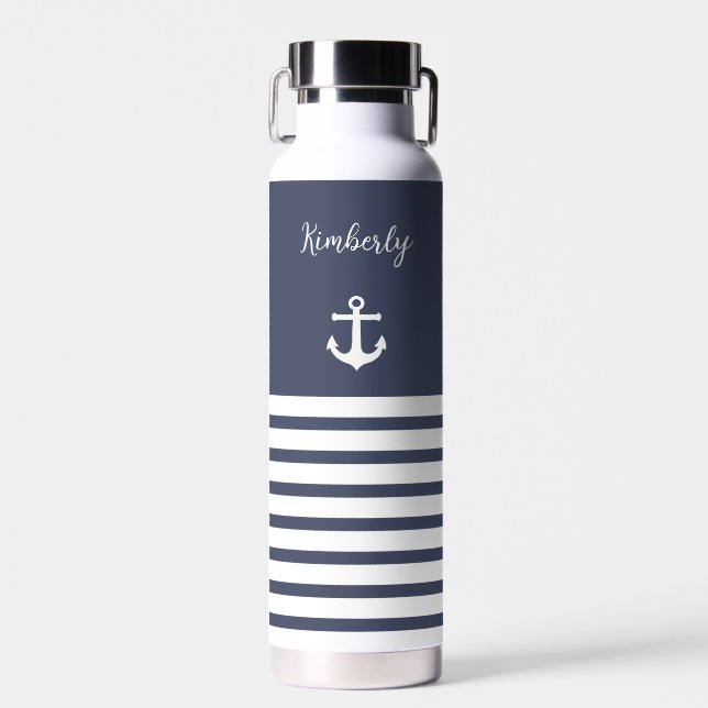 Bouteille D'eau Marine et White Stripes Nautique Personnalisé (Avant)