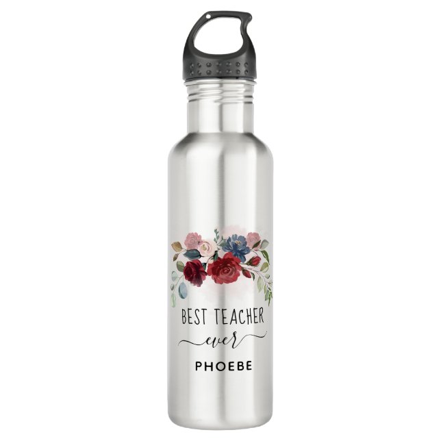 Bouteille D'eau Meilleur enseignant jamais Floral Nom personnalisé (Devant)