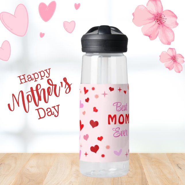 Bouteille D'eau Meilleure MOM jamais - arrière - plan rose Coeurs  (Créateur téléchargé)