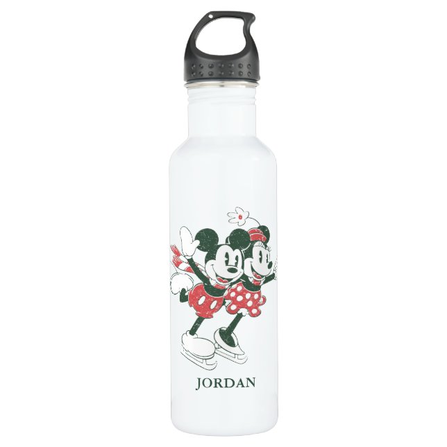 Bouteille D'eau Mickey & Minnie | Noel de patinage de Noël (Devant)