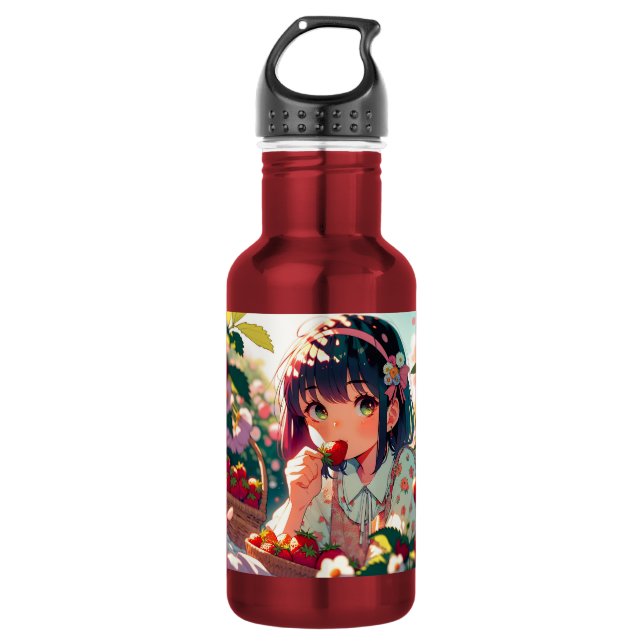 Bouteille D'eau Mignonne Anime Girl Mange des fraises | Jour d'été (Devant)