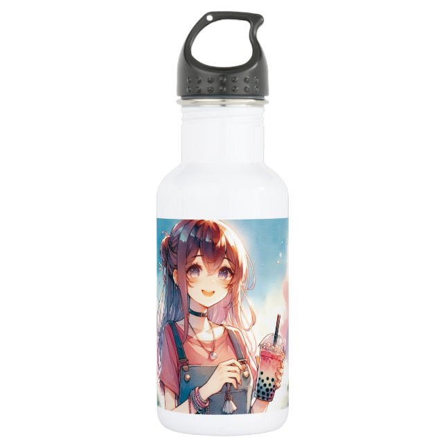 Bouteille D'eau Mignonne fille Anime tenant un Boba Tea (Devant)