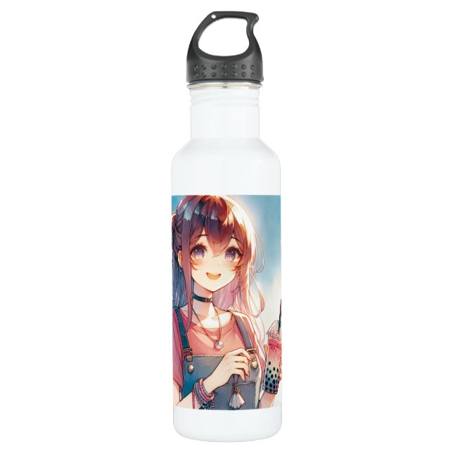 Bouteille D'eau Mignonne fille Anime tenant un Boba Tea (Devant)