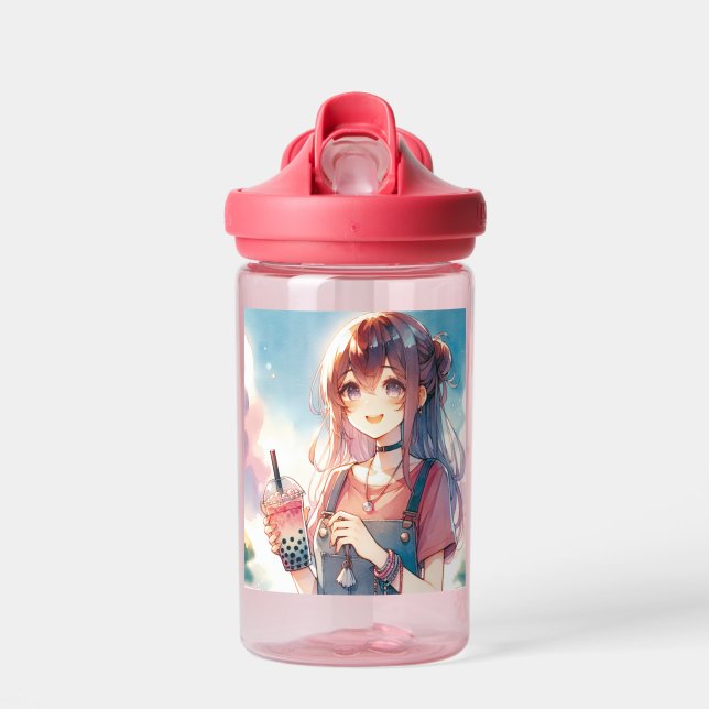 Bouteille D'eau Mignonne fille Anime tenant un Boba Tea (Avant)