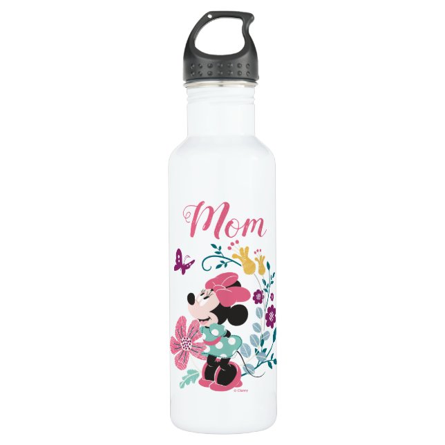Bouteille D'eau Minnie Souris & Fleurs - Bonne Fête des Mères (Devant)