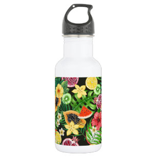 Bouteille D'eau Mix-fruits tropicaux, fleurs et feuilles en noir