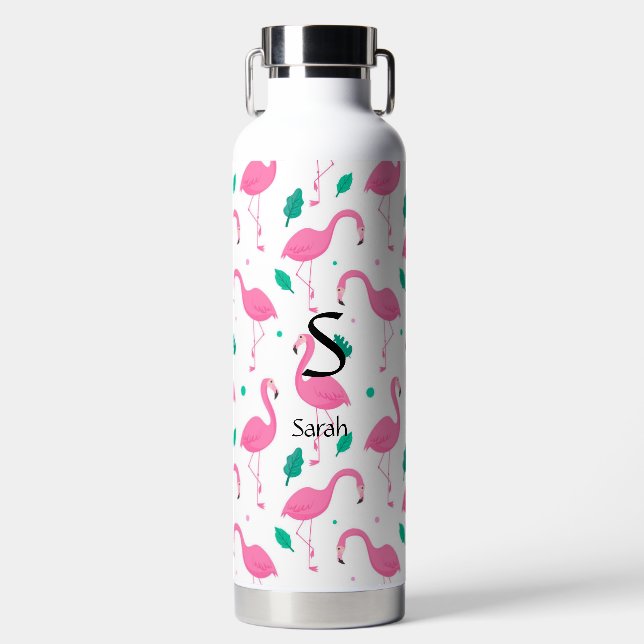 Bouteille D'eau Modèle flamingo Monogramme et nom Personnalisé (Avant)