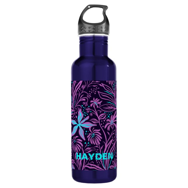 Bouteille D'eau Modèle floral moderne violet foncé Personnalisé (Devant)