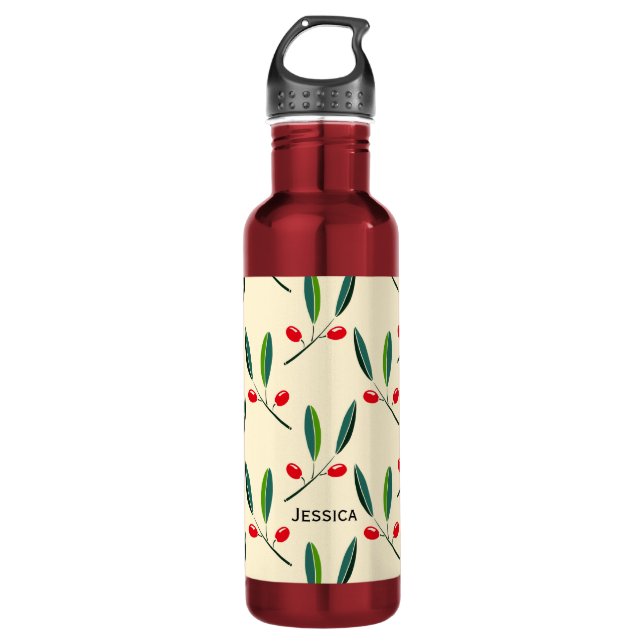 Bouteille D'eau Modern Illustrated Red Berries Pattern Personalise (Devant)