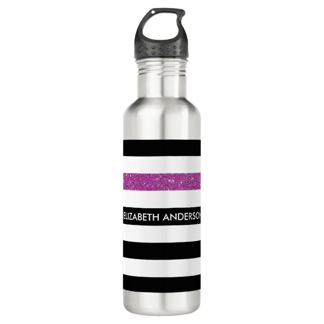 Bouteille D'eau Moderne Black Stripes FAUX Purple Glitz et nom (Devant)