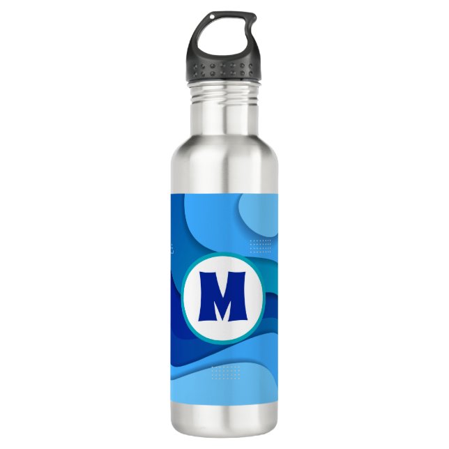 Bouteille D'eau Monogramme Abstrait Wavy Blue moderne (Devant)