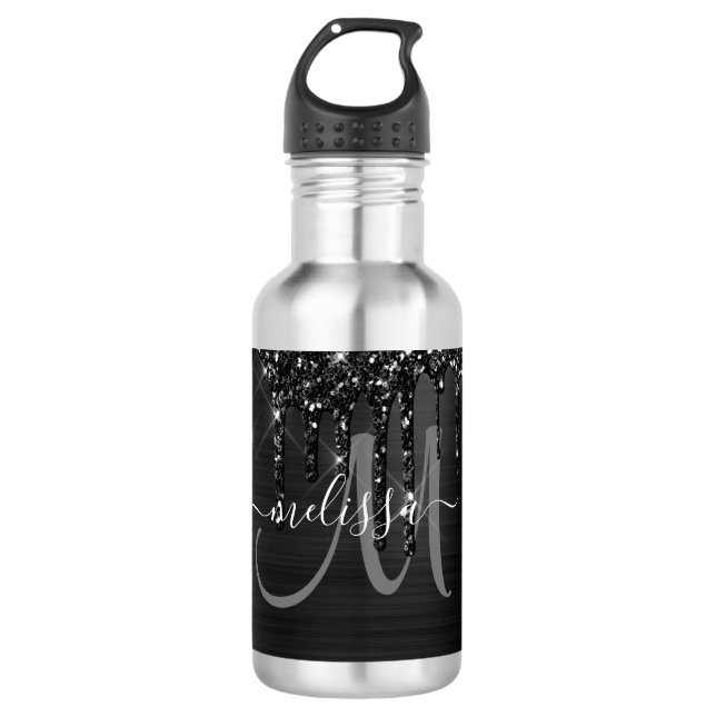 Bouteille D'eau Monogramme blanc en métal brossé noir chic (Devant)