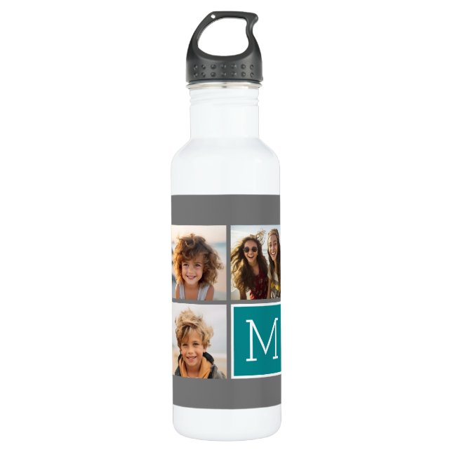Bouteille D'eau Monogramme de collection de photos Turquoise et gr (Devant)
