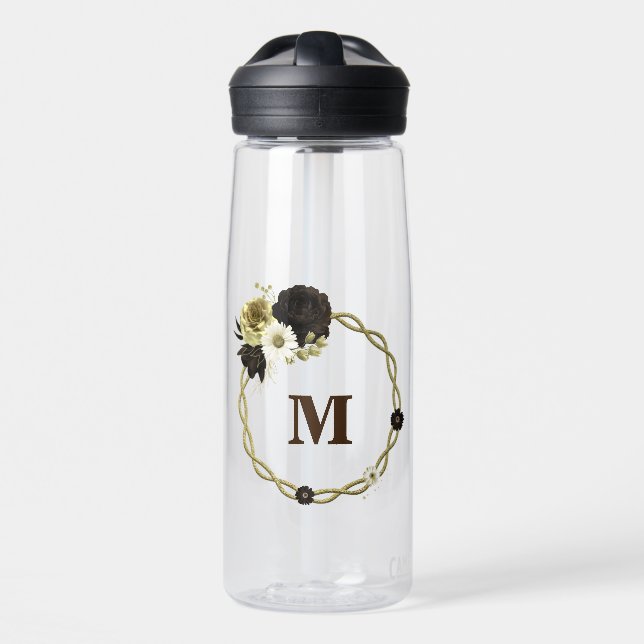 Bouteille D'eau Monogramme de fleurs dorées ivoire marron incroyab (Avant)