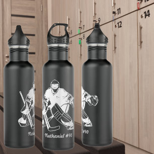 Bouteille D'eau Monogramme de gardien de but de hockey noir et bla