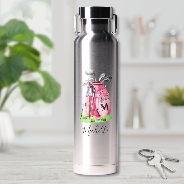 Bouteille D'eau Monogramme de Golf Rose (Pink Golf Name Monogram Water Bottle)