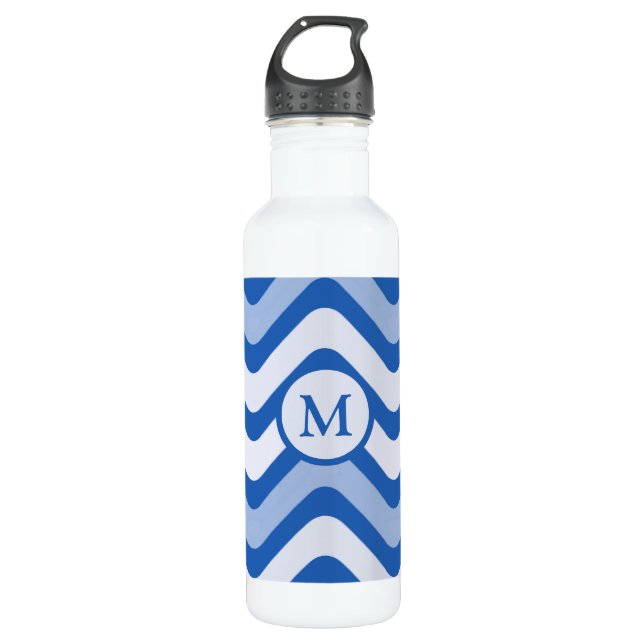 Bouteille D'eau Monogramme de lignes de vague bleue (Devant)