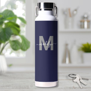 Bouteille D'eau Monogramme de nom bleu marine