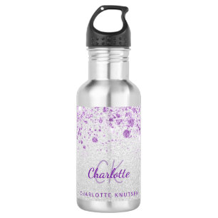 Bouteille D'eau monogramme de parties scintillant violet argenté