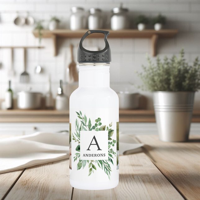 Bouteille D'eau Monogramme deux photos | Cadre de verdure personna (Créateur téléchargé)