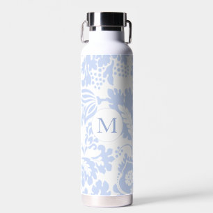 Bouteille D'eau Monogramme Élégant Floral Botanique Bleu