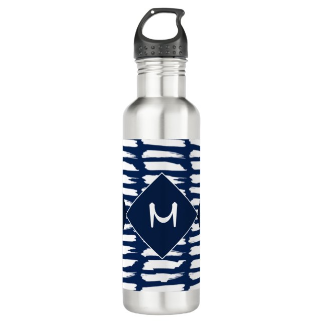 Bouteille D'eau Monogramme élégant Motif bleu moderne (Devant)
