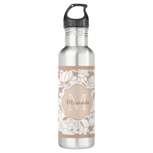Bouteille D'eau Monogramme Fille Florale Tan Moderne Avec Nom (Devant)