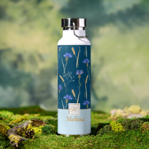 Bouteille D'eau Monogramme Fleur sauvage Floral Bleu