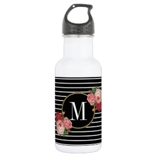 Bouteille D'eau Monogramme floral à rayures noires de Girly Boho 