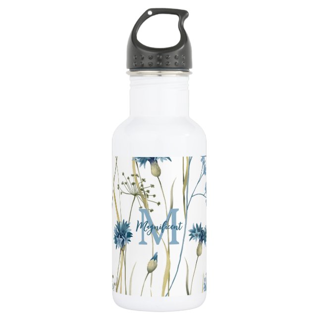 Bouteille D'eau Monogramme Floral Bleu Bleu Or Blanc (Devant)