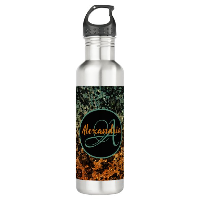 Bouteille D'eau Monogramme floral noir orange et vert moody (Devant)