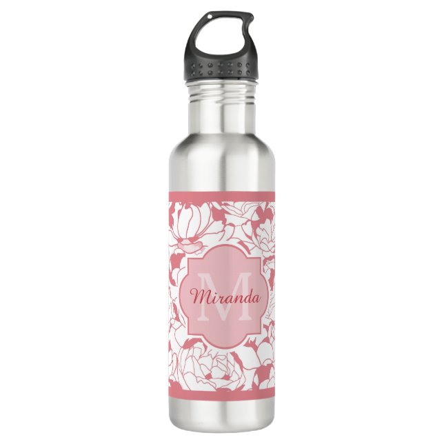 Bouteille D'eau Monogramme Floral Rose Lumière Moderne Avec Nom (Devant)