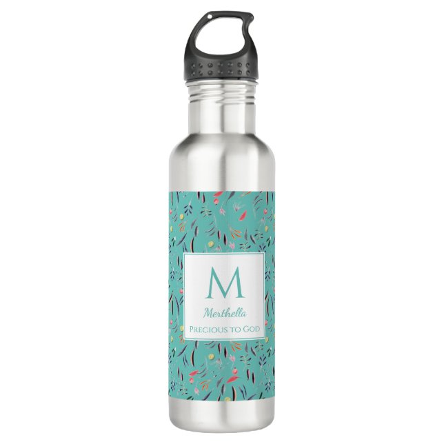 Bouteille D'eau Monogramme floral TURQUOISE CLAIR personnalisé (Devant)