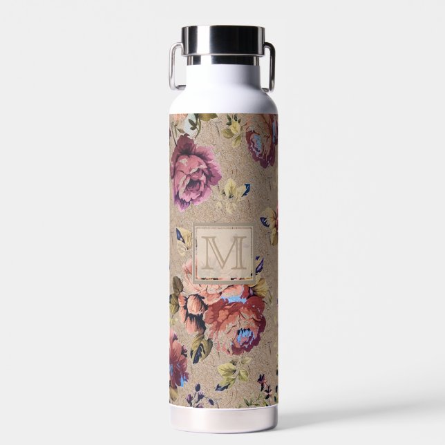 Bouteille D'eau Monogramme floral vintage rustique (Avant)