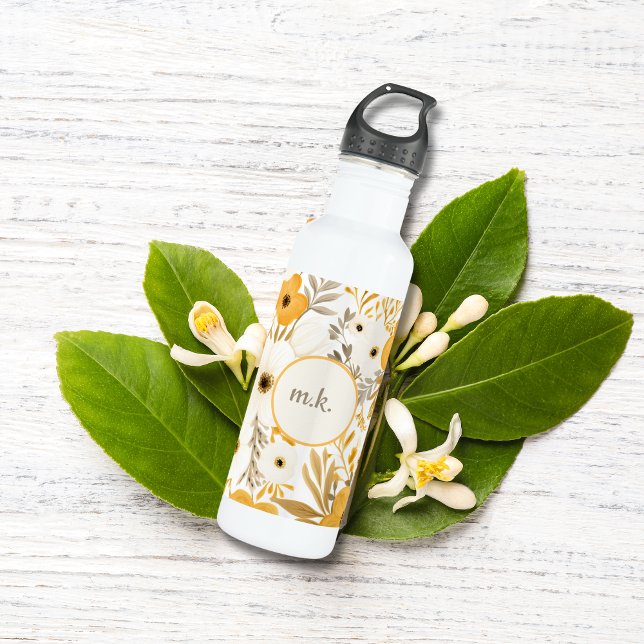 Bouteille D'eau Monogramme initial Brown or blanc floral blanc vég (Monogram Initials Gold Brown Yellow White Floral Botanical Watercolor Waterbottle)