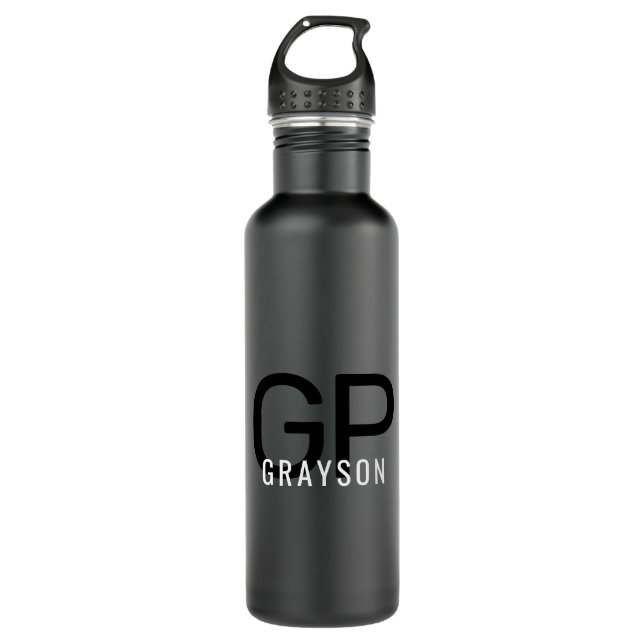 Bouteille D'eau Monogramme moderne Nom noir & gris Personnalisé (Devant)