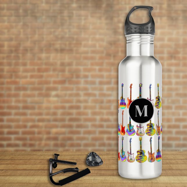 Bouteille D'eau Monogramme Motif de guitare coloré (Funky psychedelic Guitar pattern personalized monogram water bottle for guitarists musicians )
