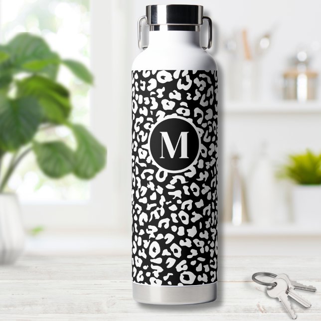 Bouteille D'eau Monogramme noir blanc tendance (Black Leopard Monogram Water Bottle)