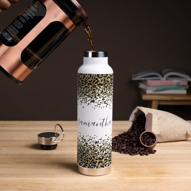 Bouteille D'eau Monogramme Nom Black Gold Empreinte de léopard Chi (Gym)
