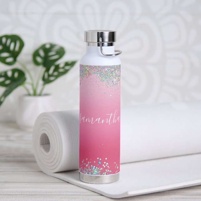 Bouteille D'eau Monogramme Nom du script Parties scintillant rose  (Yoga)