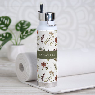 Bouteille D'eau Monogramme Nom Fleur Sauvage Bourgogne Vert