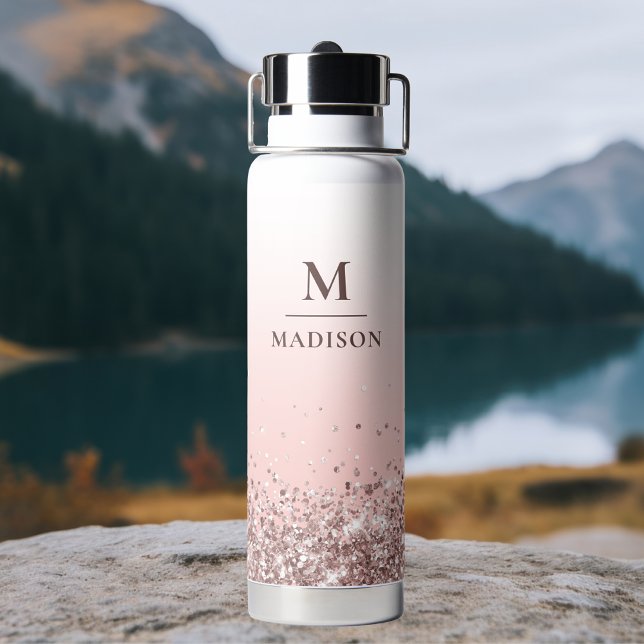 Bouteille D'eau Monogramme Nom Parties scintillant rose élégant Mo (Créateur téléchargé)