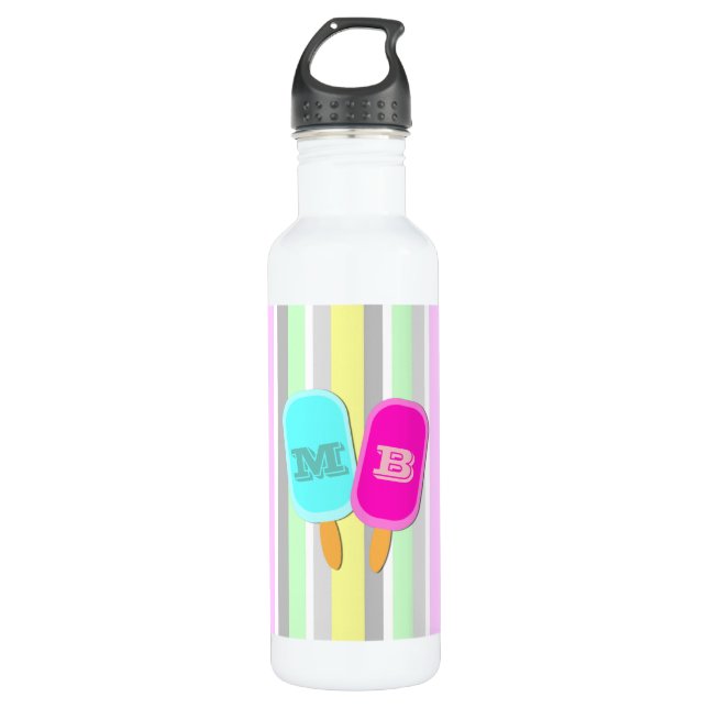 Bouteille D'eau Monogramme Pastel Stripes et Popsicles (Devant)