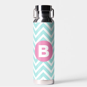 Bouteille D'eau Monogramme rose vif en chevron bleu clair à la mod