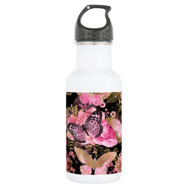 Bouteille D'eau Motif à papillon floral rose et or (Devant)